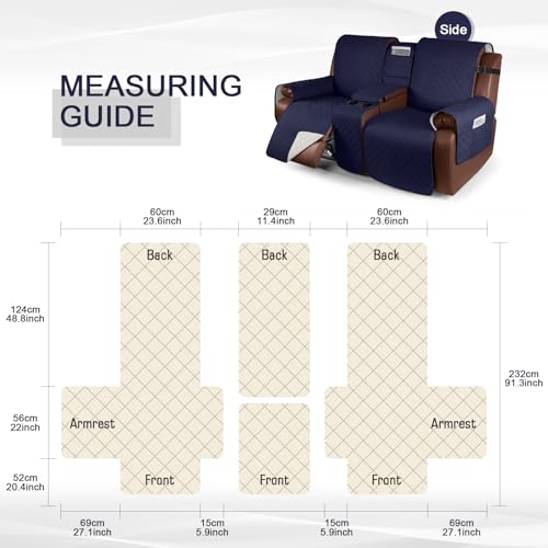 Image of KinCam 100% Waterproof Recliner Loveseat Cover with Console, Non-Slip Reclining Couch Covers for 2 Seat, Recliner Sofa Cover Furniture Protector with Elastic Straps for Kids, Pets, Dark Blue