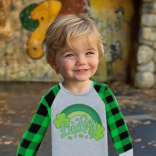 St Patricks Day Shirts Toddler Boys Girls T-Shirt Saint Patrick's Day Long Sleeve Top Plaid Raglan Sleeve Tees 2T-7Years2