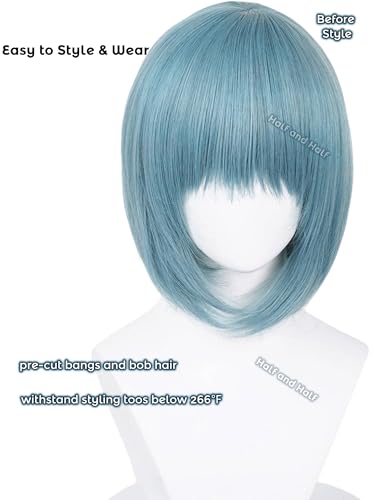 Image of Half and Half Sayaka Miki Cosplay Wig Short Blue Bob Anime Wig with Bangs Dark Teal Wigs Synthetic Fiber Hair for Women Halloween Party