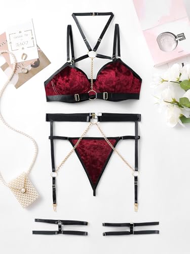 Image of Lilosy Sexy Pu Leather Strappy Underwire Garter Belt Lingerie Set