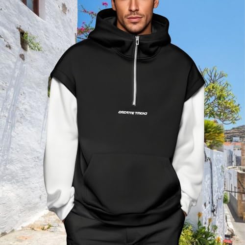 Mens Patchwork Hoodies Embroidered Casual Quarter Zip Hooded Sweatshirts with Kangaroo Pockets Mock Neck Pullover Top2
