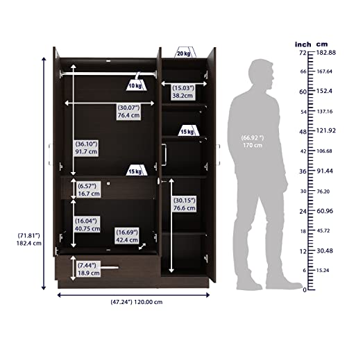 Image of Wakefit Wardrobe | 1 Year Warranty | Engineered Wood Almirah, Cupboard for Clothes Storage | 3 Door, Mirror, 2 Drawers, 1 Hanging Space | Gingham - Wenge