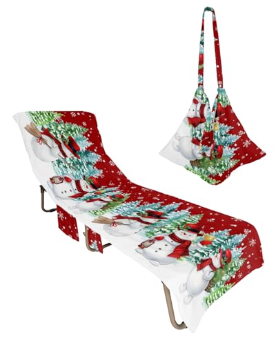 Red Snowman Christmas Beach Lounge Chair Towel Cover, Soft Chaise Lounge Towel with Side Pockets Patio Pool Chairs Cover for Beach/Pool Sunbathing 29x85 Teal Xmas Tree Winter Snowflake