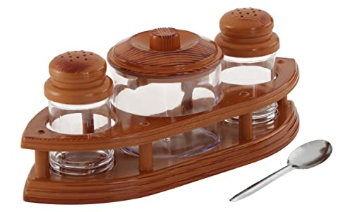 Image of Nabhya Complete Dining Table Set of Pickle Jars, Salt and Pepper Dispenser, Toothpick Holder and Spoon Holder(Wooden Look Design, Plastic) (FINE and Dine)