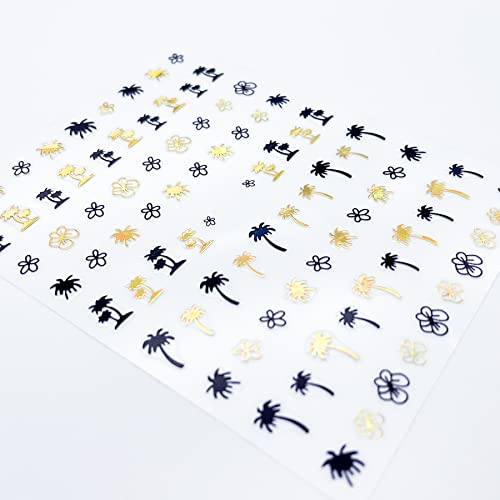 Summer Coconut Palm Tree Beach Leaf Flower Nail Art Decal Stickers 3D Self Adhesive Black White Laser Gold Silver Colors Summer Nail Decoration Decals For Women Natural Fingernail And Acrylic Nail Design Decor (Pack Of 10) #TOP4