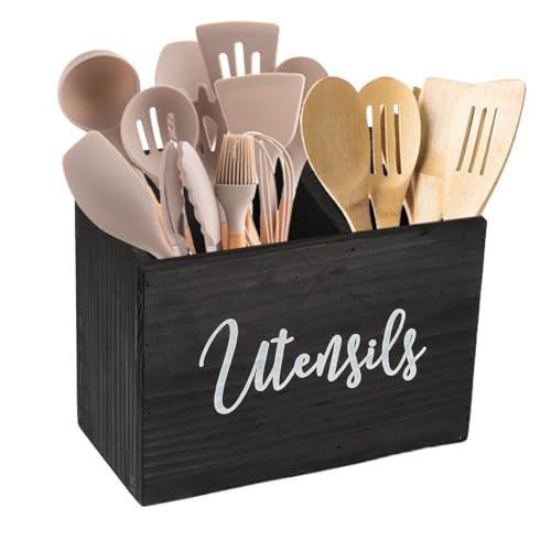 ZoeQide Porte-ustensiles en bois à 2 compartiments – Porte-couverts noir de style ferme avec poignée et crochet, organiseur d'ustensiles de cuisine pour montage mural ou pour plan de travail