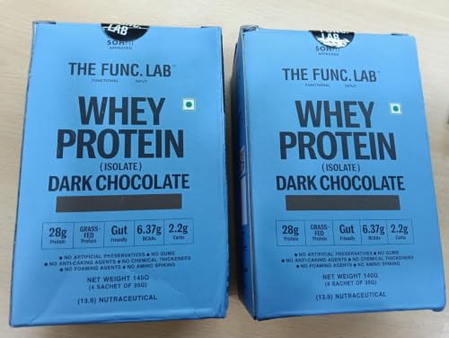 Image of The Func. Lab Whey Protein Isolate - Dark Chocolate Travel Packs | (4 * 35g Sachets) Pack of 2 | Grass‑Fed, 28g Protein per Sachet | High Protein Supplement with Digestive Enzymes for better Absorption