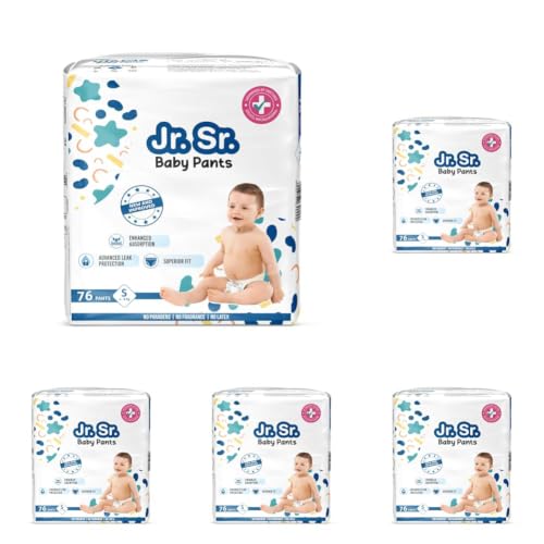 Image of Jr. Sr. Baby Diaper Pants | Small (S) Size (4-8 kg), 76 Count | Pack of 5 | Upto 12 hr Absorption with Advanced Leak Protection | Safe For Babies Skin | Soft, Secure & Comfy