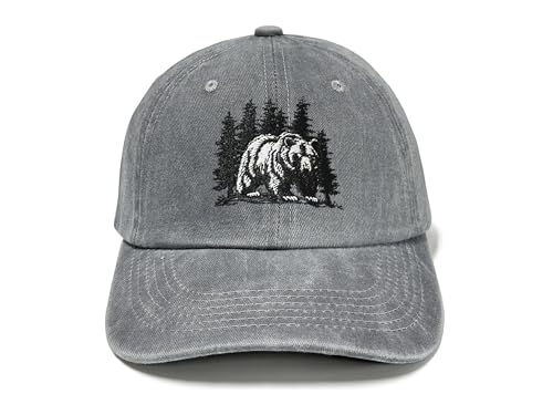 Horpe Walking Bear Hats for Men Women, Grizzly Gifts for Adult, Embroidered Washed Gray Baseball Cap, Raptors Animal Lover Caps for Forest Hinking, Climbing