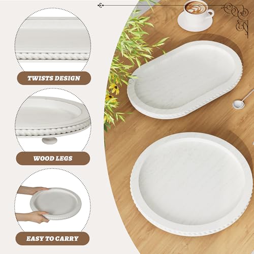 Urban Deco Wooden Tiered Tray, Oval and Round Tray Set of 2, Farmhouse Vintage Decorative Tray Stand for Coffee Table, White Serving Tray for Living Room Kitchen Home Decor - 1 Set — view 5