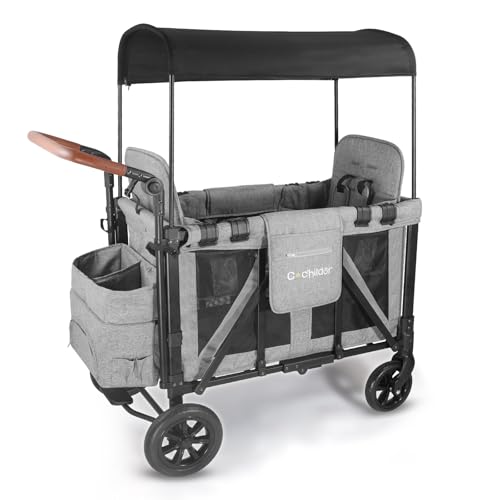 Image of Cochildor Elite 2 Seater Wagon Stroller for Kids, Foldable Stroller Wagon with Removable Seats & Canopy, 5-Point Safety Harness, Adjustable Handle, Light Grey