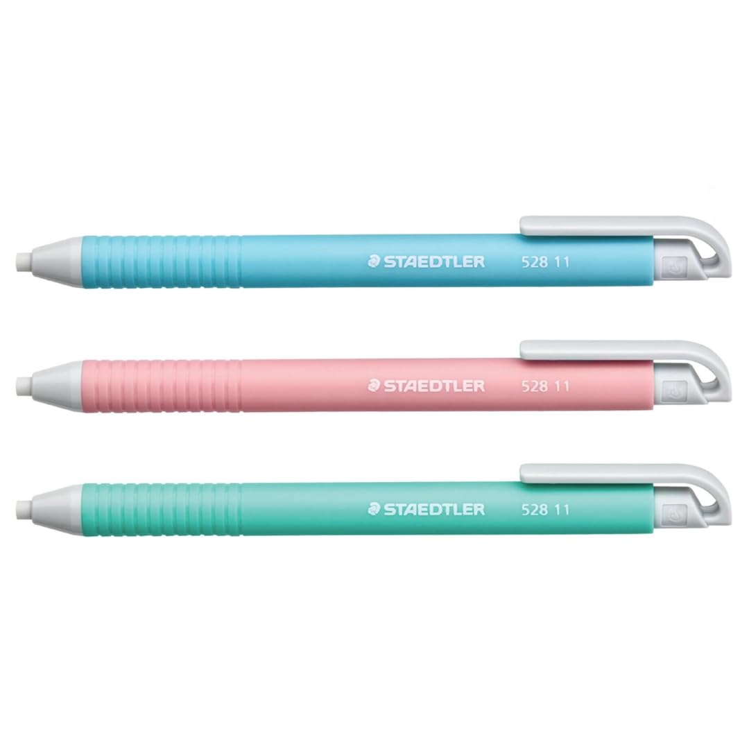 STAEDTLER Vinyl-Radiergummi-Halter (3er-Pack): einziehbare Radiergummis für Bleistifte, weiches Vinyl, latexfrei, saubere Kanten, keine Flecken, Pastellfarben (54)