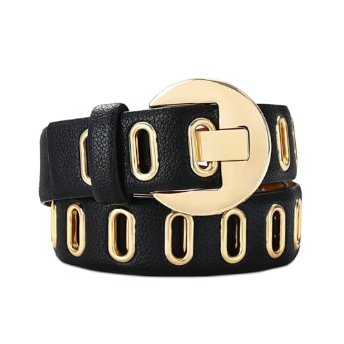 Black Grommet Belt for Women Black Leather Belt Gold Buckle Stylish and Versatile Accessory for Jeans and Skirts