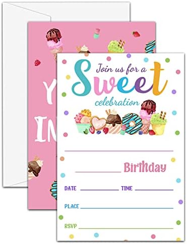 UTESG Sweet Celebration Birthday Party Invitations, Cupcake Theme Birthday Invitations for Girls, Candy Land Fill-in Invites, Birthday Party Decorations, Set of 20 Cards with 20 Envelopes (C08)