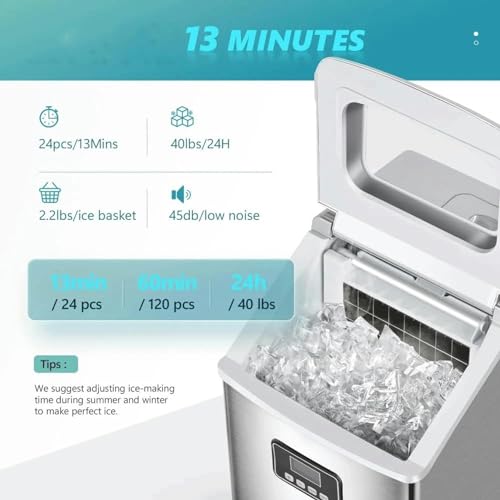 Máquina fabricadora de hielo de mostrador, 40 lb/24 h, portátil y compacta con auto-limpieza, cuchara y canasta para hielo miniatura 6