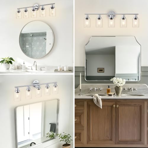 Image of 5-Light Bathroom Light Fixtures, Modern Chrome Vanity Lights for Bathroom with Clear Glass Shade, Wall Lamps for Mirror Hallway Kitchen Cabinet Living Room Sconces Lights