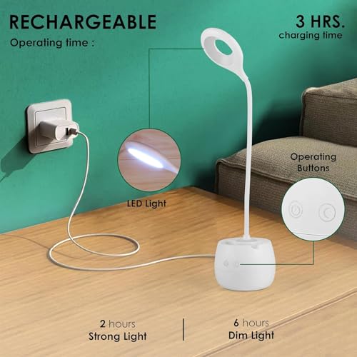 Image of Owme LED Desk Lamp with Pen Holder, Dimmable Touch Control Table Lamp, Flexible Gooseneck Study Lamp, USB Rechargeable Bedside Lamp for Reading, Office, Study Table, Kids Room