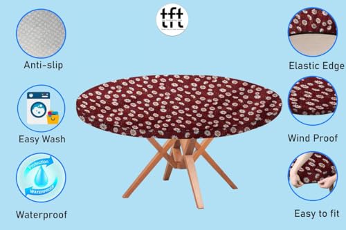 Image of The Furnishing Tree Round Elastic Fitted Dining Table Cover WxL 54x54 Inches Floral Pattern Red White
