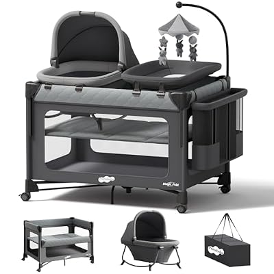 Pamo Babe Pack and Play with Bassinet - 7 in 1 One-Step Setup Bedside Crib, Portable Playpen, Travel Crib, Baby Playard with Diaper Changing Station, Toy Bar & Large Storage Bag