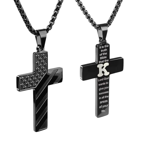 REGIS Cross Necklace for Men A-Z Premium Flag Stainless Steel with 24-Inch Lords Prayer Pendant(K black)