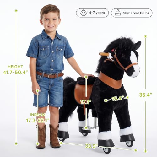 Image of PonyCycle Official Classic U Series Ride on Horse Toy Plush Walking Animal Black Horse Size 4 for Age 4-8 Ux426