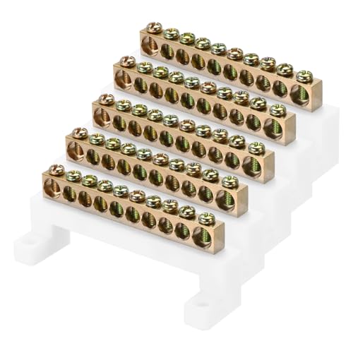 MECCANIXITY 5 Pcs Terminal Ground Bar, 10 Positions Screw Brass Terminal Bus Bar, 8x12mm Ground Terminal Block for Electrical Equipment, Distribution Box, White