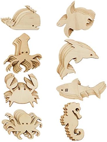 Newbested 48 Pack Unfinished Wooden Ocean Sea Animal Life Cutouts,Octopus,Shark,Whale,Dolphin,Turtle,Crab,Squid,Seahorse Shapes Model for Home Decor Ornament,DIY Craft Art Project(6 PCS/Shape)