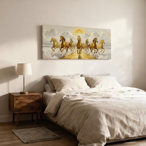 Image of SoulAbiti Vastu Seven Horses Running Golden Path Clouds Unframed 36x14 inches Rolled Canvas Wall Realism Art UV Print Painting for Living Room, Bedroom & Office Decor Premium Gloss Vivid Fade-Resistant Print