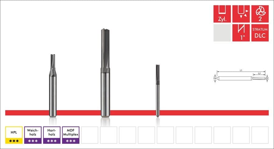 Fraise à deux dents pour bois - Diamètre : 5 mm, D 6 mm, SL 12 mm, GL 50 mm