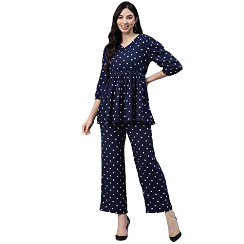 Image of DEEBACO Women's Polka Dots Rayon Flared Tunic & Pants Set for Women|V Neck Full Sleeves Top & Elastic Waist Pant Western Casual Wear Relaxed Fit Cord Set Outfit for Ladies (DBCOMR00000821 S Navy Blue)