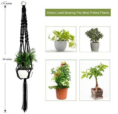 Timoo 2 Pack Plant Hanger Basket, 41 Inches Macrame Flower Pot Hanging Plant Holder Basket for Indoor Outdoor, 4 Legs Nylon Rope with Metal Ring, Black