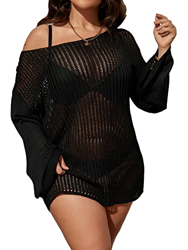 WDIRARA Women's Plus Size Hollow Out Long Sleeve Sheer Mesh Cover Up Dress Boat Neck Swimwear