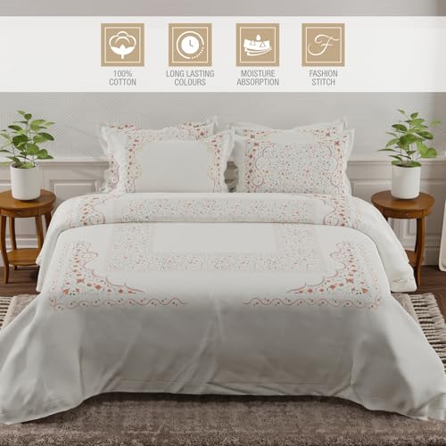 Image of BOUTIQUE LIVING Platinum Pulse 100% Cotton 800 TC White & Red Digital Meenakari Print King Bedsheet with 4 Pillow Covers