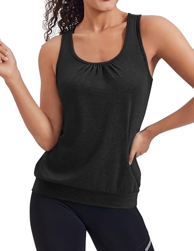 PINSPARK Damen Tank Top Ärmellose Racerback Laufen Fitness Funktions Shirt Workout Sommer Oberteil 2er Pack Schwarz M