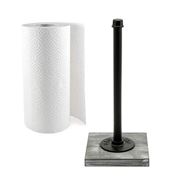 MyGift Industrial Pipe Metal Kitchen Countertop Paper Towel Roll Stand Holder with Rustic Gray Solid Wood Base
