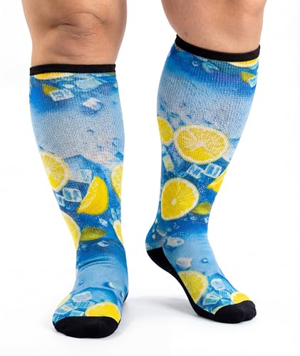 Gooi Extra Wide Diabetic Socks for Swollen Feet Men Women Non Binding Top Loose Fit Over the Calf Soft Stretch Edema Neuropathy Bariatric Comfort Plus Size Lemon Ice Pattern
