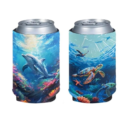 Forchrinse Underwater Sea Turtle Dolphin Can Cooler Can Sleeve Can Holder,Polyester Premium Soft Drink Coolies Insulate Beer Can Sleeves,2Pack