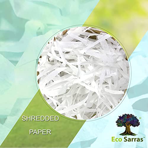 Image of Eco Sarras thin shredded paper crinkle paper grass strips gift tray decoration, gift hamper decorations, gift box fillers, wedding birthday & valentines day gift (1000 Grams / 1 KG, White)