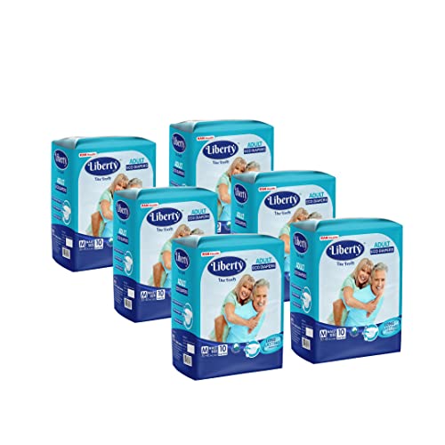 Liberty Popular Adult Diapers, Tape Style, Medium (M) Size, 60 Count, Waist Size (76-101cm | 30-40 inches), Unisex, High Absorbency, Leak Proof, Wetness Indicator, Pack of 6, 10 count/pack