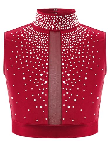 renvena Kids Girls Gymnastics Dance Tracksuit Sleeveless Rhinestones Crop Tops Athletic Shorts and Hair Set Outfits3