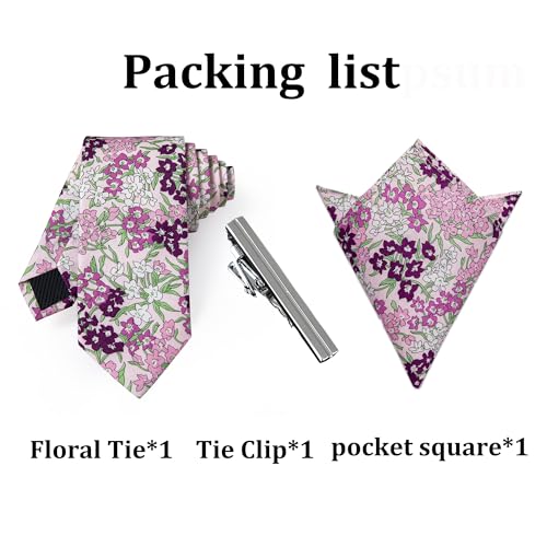 Image of YourTies Cotton Floral Tie for Men 2.5 inch Printed Skinny Necktie Pocket Square Tie Clip Set Flower Wedding Party Groom