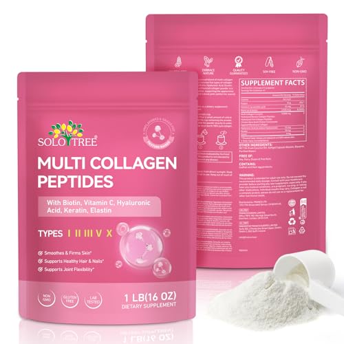 Multi Collagen Peptides Powder 1 lb Unflavored Hydrolyzed Collagen Types I II III V & X with Biotin Hyaluronic Acid & Vitamin C Keto & Paleo Friendly Non-GMO