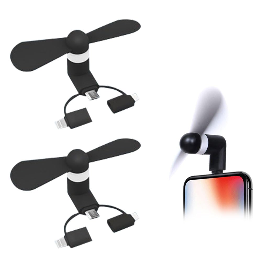 Comioke Wentylator mini do telefonu, wentylator USB, 3 w 1, kompatybilny z iPhone/iPad/smartfonami z systemem Android/tabletem, micro USB/Typem C/Lightn (czarny, 2 szt.)