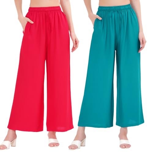Image of Buy That Trendz Palazzo Pants for Women Cotton Rayon Elasticated Regular Fit Flared Wide Leg M to 6XL Pack of 2