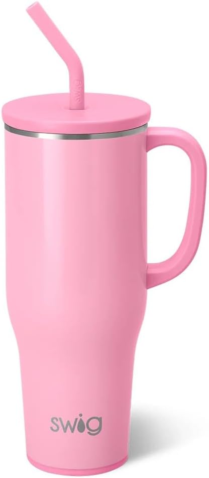Swig Life 40oz Mega Mug, 40oz Tumbler with Handle and Straw, Extra Large Insulated Tumblers, Cup Holder Friendly Travel Mug (Shimmer Bubblegum)