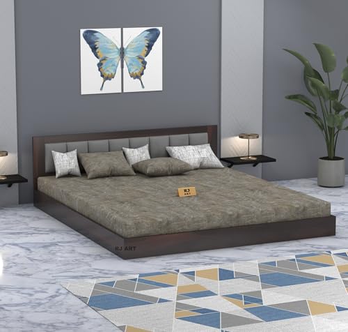 Image of Solid Sheesham Wood King Size Bed Without Storage for Bedroom Living Room Home Hotel Wooden Double Bed Cot Palang with Cushion Headboard Home Furniture (Walnut Finish)