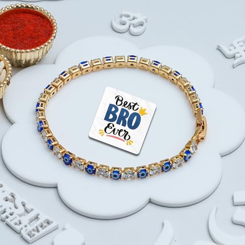 Image of eCraftIndia Navy Blue Diamond Evil Eye Design Bracelet Rakhi for Brother Bhaiya Bhai Bhabhi with Best Bro Ever Fridge Magnet | Roli Chawal Pack