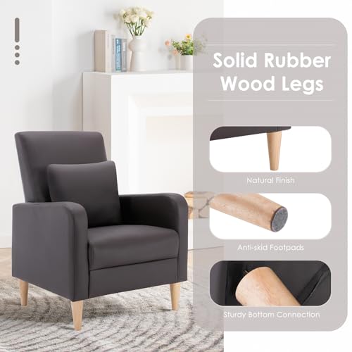 Image of COLAMY Mid-Century Modern Accent Chairs Set of 2, Faux Leather Upholstered Living Room Chairs with Back Pillow & Solid Wood Legs, Comfy Armchair for Living Room, Bedroom, Single Sofa, Dark Brown