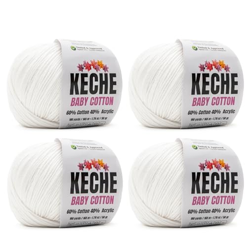 Image of Keche Cotton Yarn, 60% Cotton 40% Acrylic Yarn, Soft Cotton Yarn for Crochet and Knitting, Amigurumi Yarn 4 Skeins /Balls [1.76 Oz (50g) / 180 Yrds (165m)] x 4 - White
