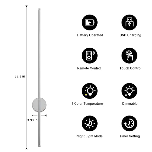 Image of Battery Operated Modern Wall Sconces, Dimmable Wireless Wall Light Set of Two with Remote Control, 3 Color Temperatures, Rechargeable LED Wall Sconce for Bedroom, Living Room,Hallway, 39.3 Inch Chrome